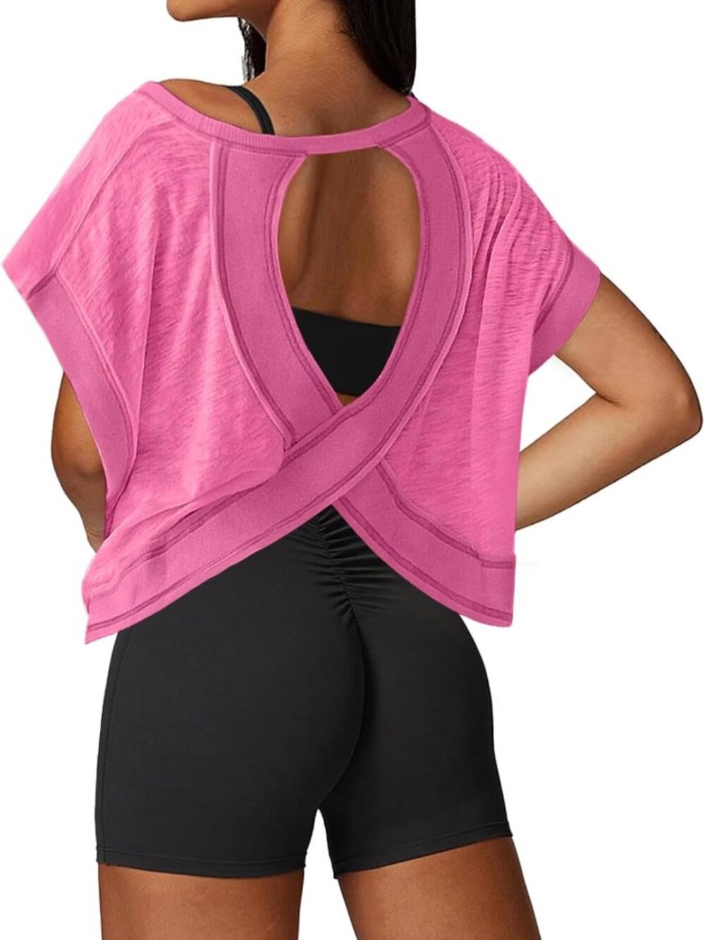 Open Back Athletic Crop Top for Women - Loose Fit Short Sleeve Gym & Yoga Shirt